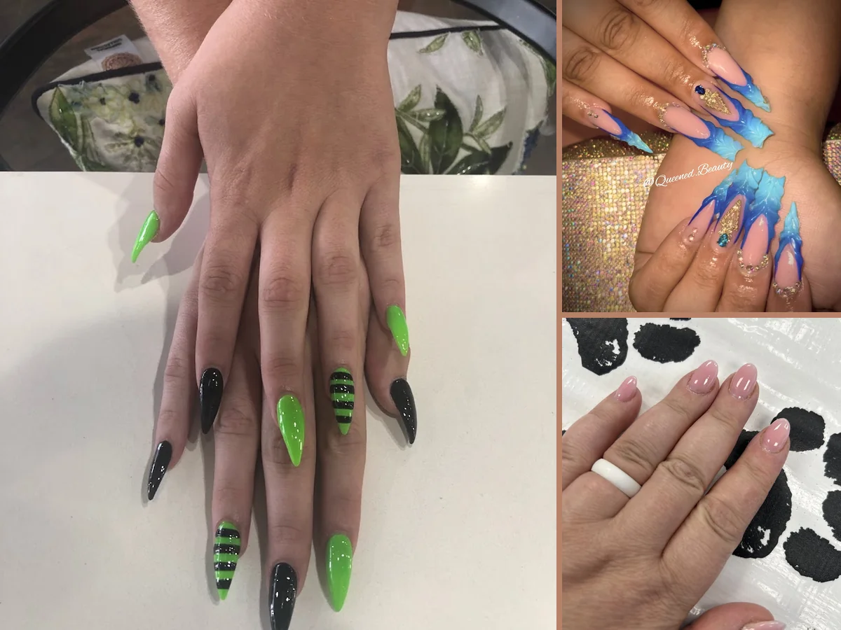 Nail technician shaping acrylic nails.