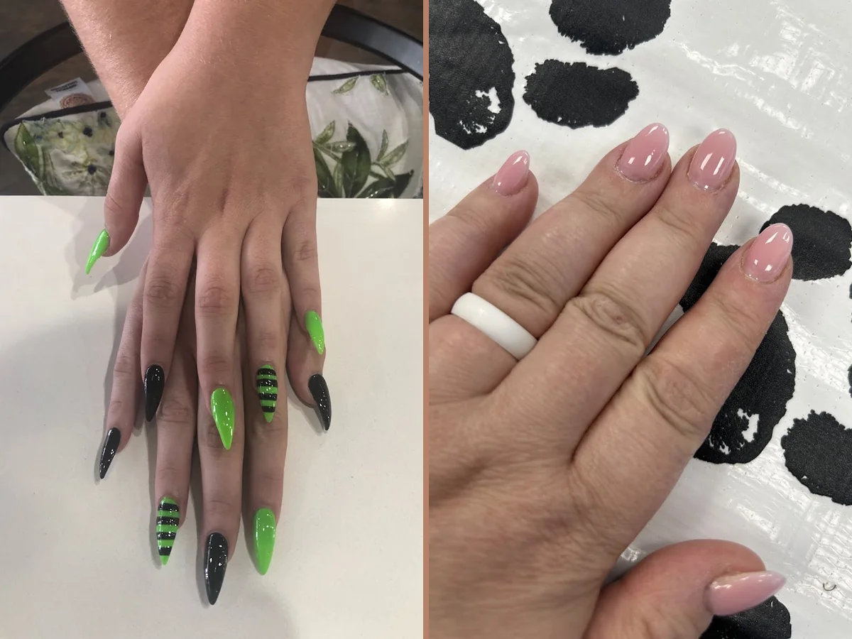 Nail technician shaping acrylic nails.
