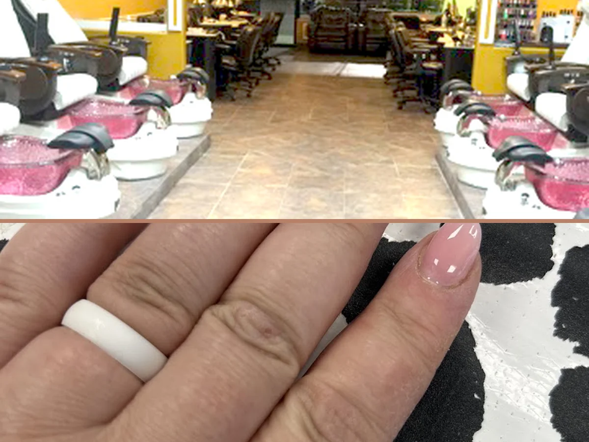 Pedicure chair beside a nail station.