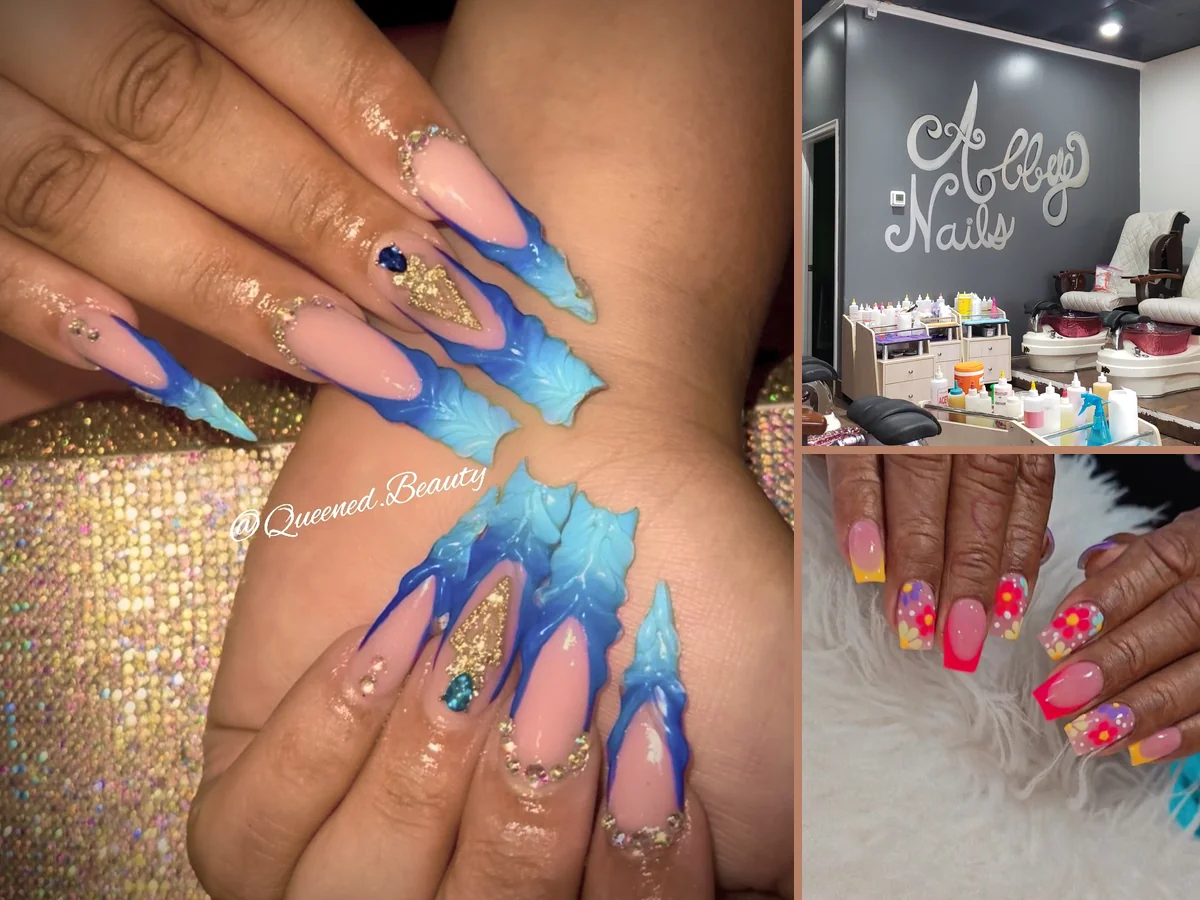 Nail technician shaping acrylic nails.